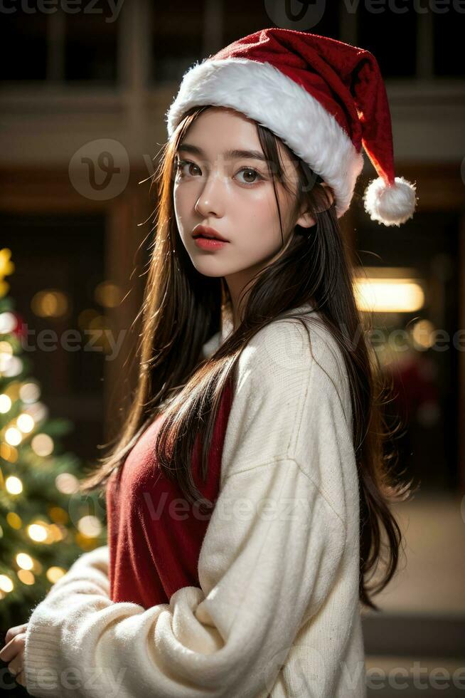 Beautiful girl in Santa Claus clothes over christmas background photo