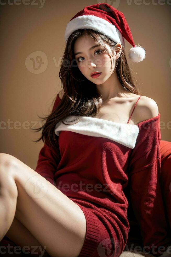 Beautiful girl in Santa Claus clothes over christmas background photo