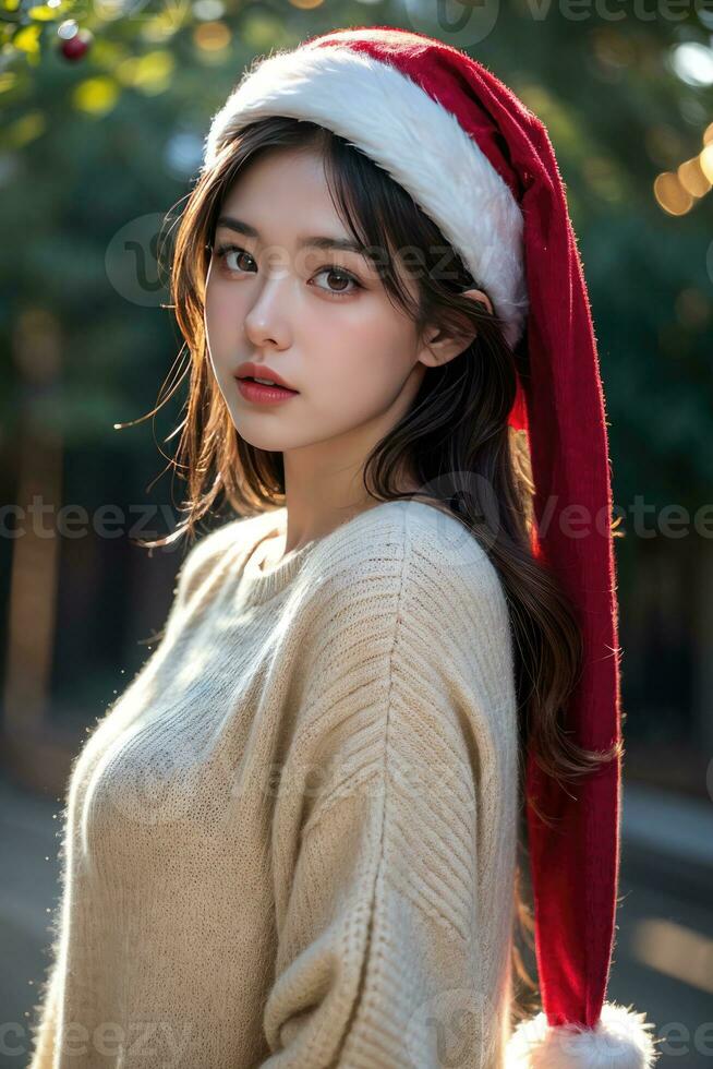 hermosa niña en Papa Noel claus ropa terminado Navidad antecedentes foto