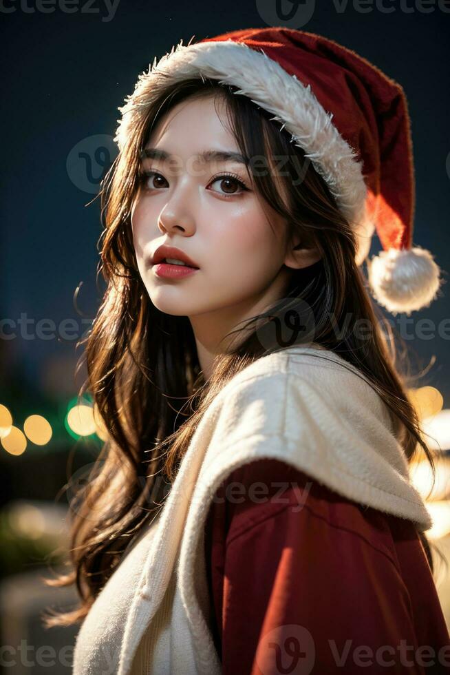 Beautiful girl in Santa Claus clothes over christmas background photo