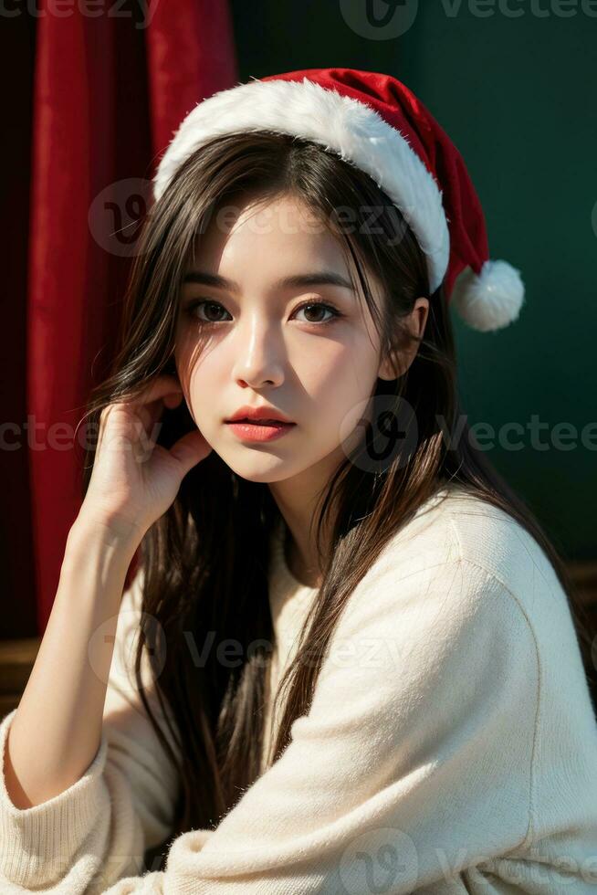 Beautiful girl in Santa Claus clothes over christmas background photo