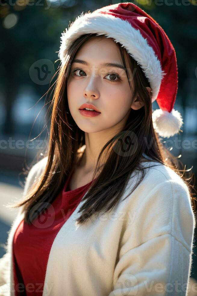 Beautiful girl in Santa Claus clothes over christmas background photo