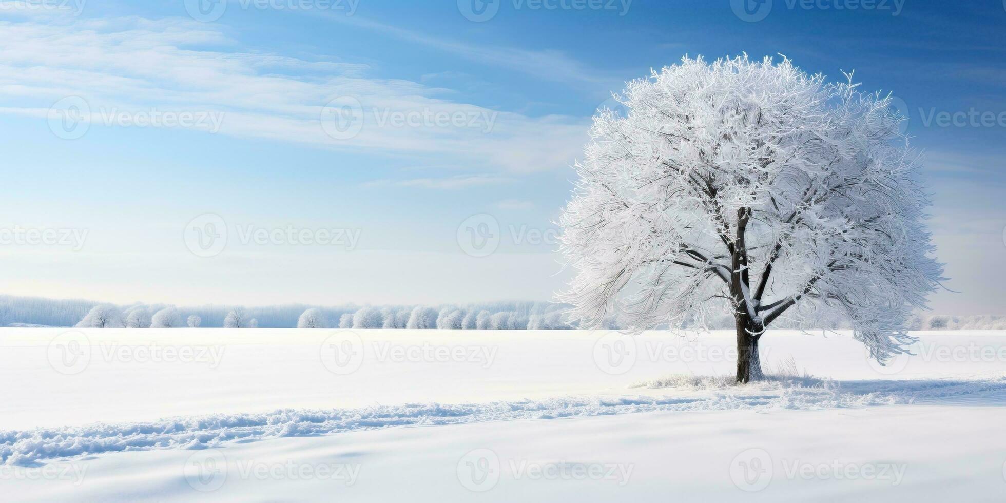 Winter landscape with snow-covered tree. AI Generated. photo