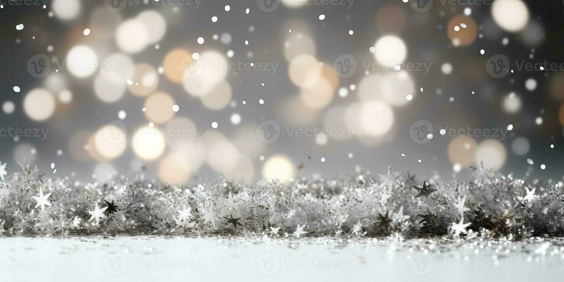 Silver christmas background with bokeh effect and snowflakes. AI Generated. photo