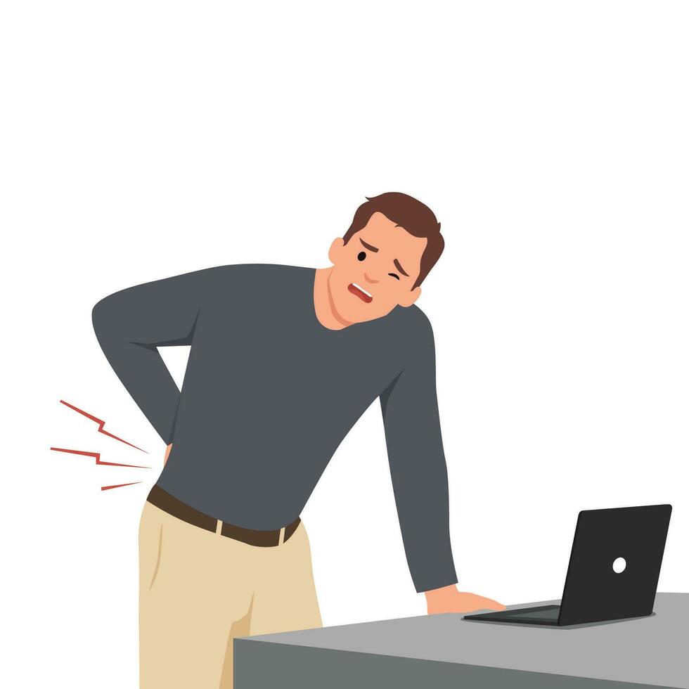 joven hombre sufrimiento desde espalda dolor. dibujos animados escena con un chico trabajando a un computadora en el oficina y su espalda duele desde sentado a el escritorio. vector