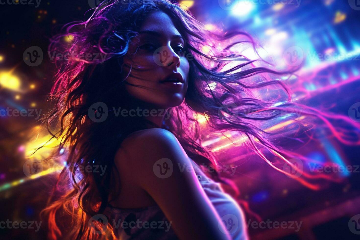 Portrait of young beautiful woman dancing in night club with lights. AI generated photo