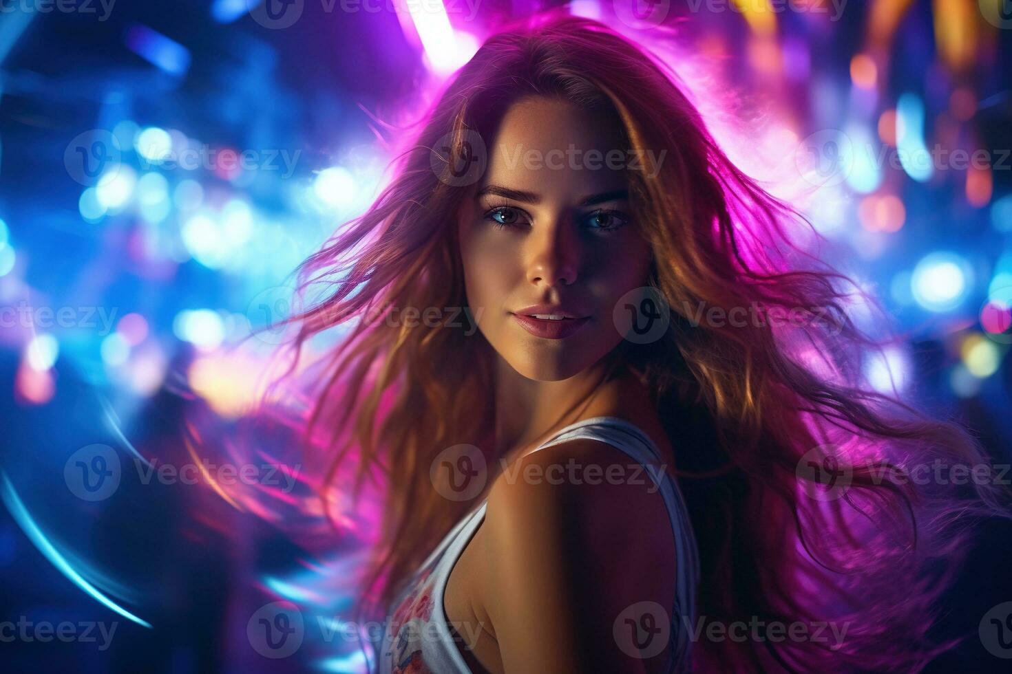 Portrait of young beautiful woman dancing in night club with lights. AI generated photo