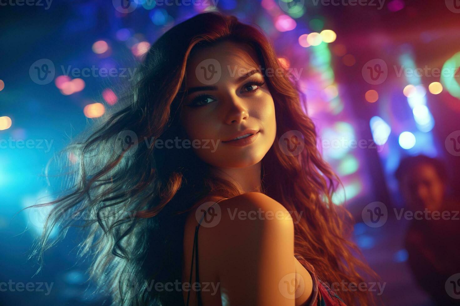 Portrait of young beautiful woman dancing in night club with lights. AI generated photo