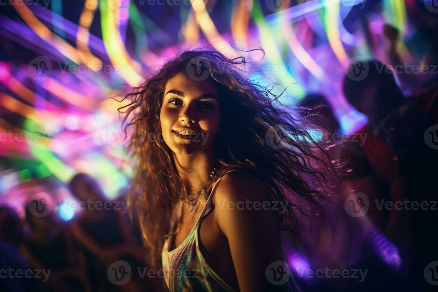 Portrait of young beautiful woman dancing in night club with lights. AI generated photo