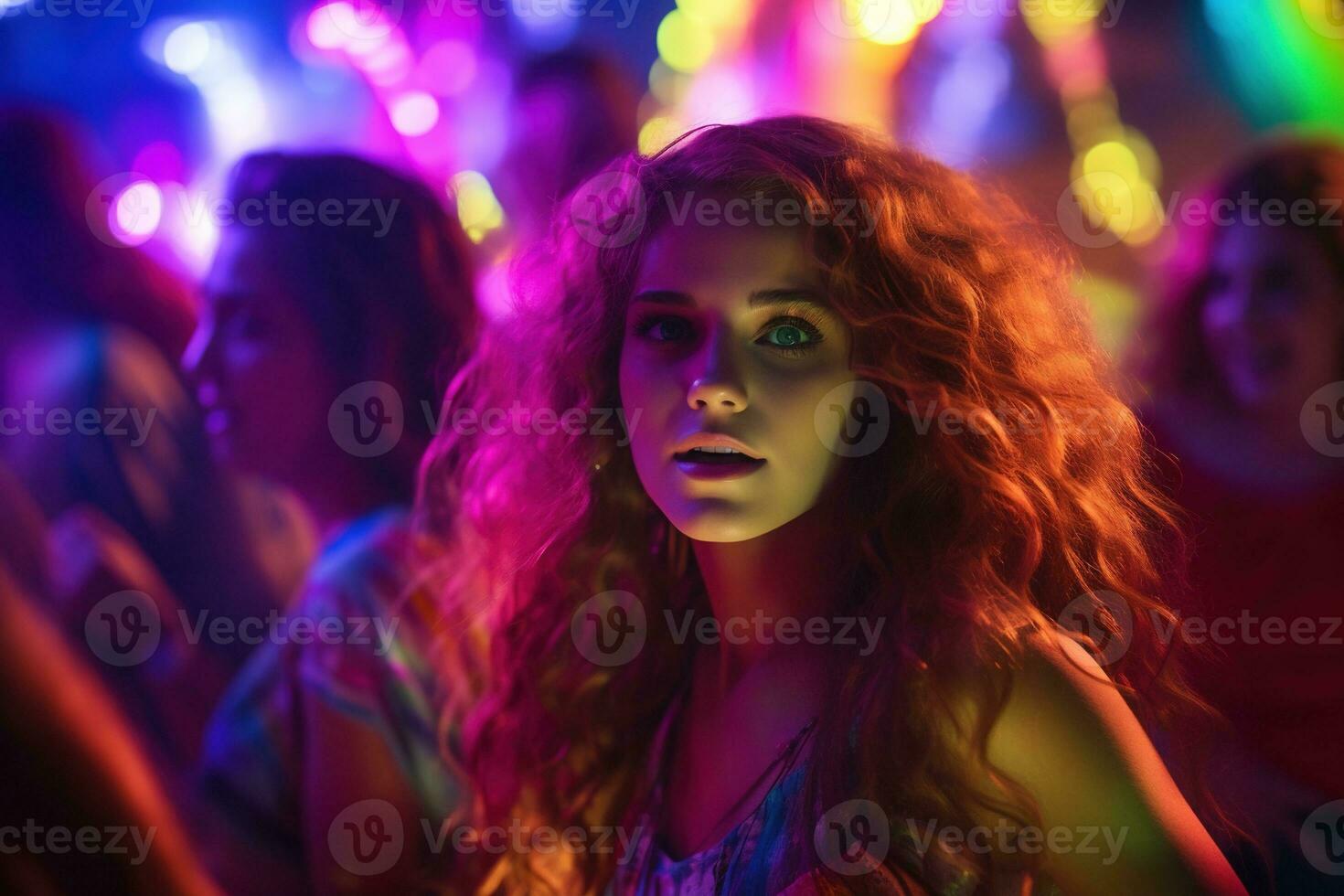 Portrait of young beautiful woman dancing in night club with lights. AI generated photo