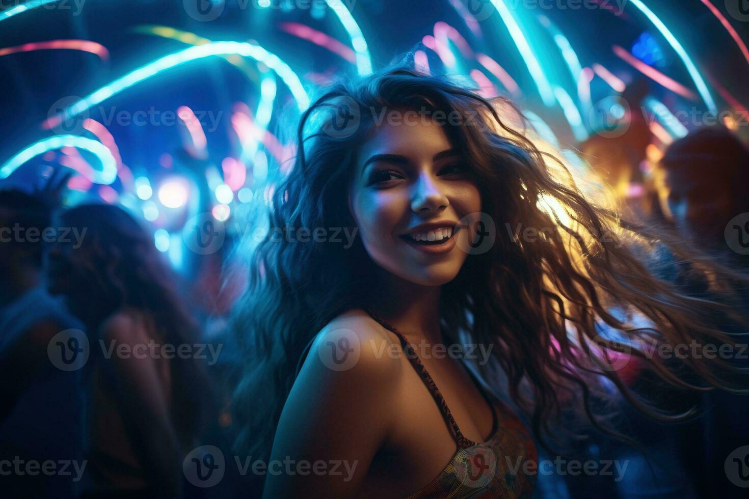 Portrait of young beautiful woman dancing in night club with lights. AI generated photo