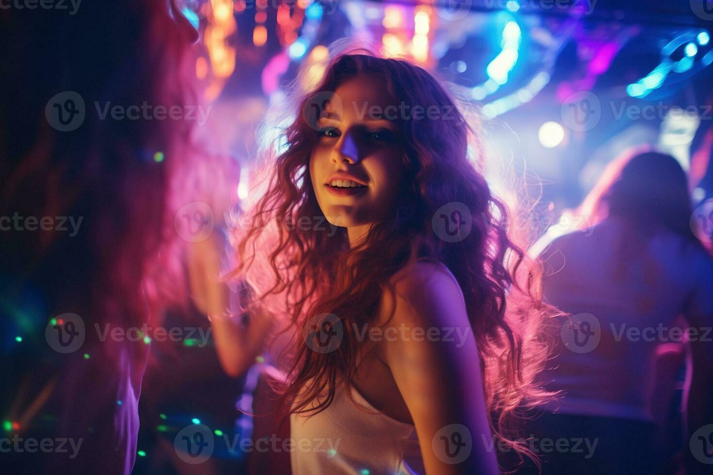 Portrait of young beautiful woman dancing in night club with lights. AI generated photo