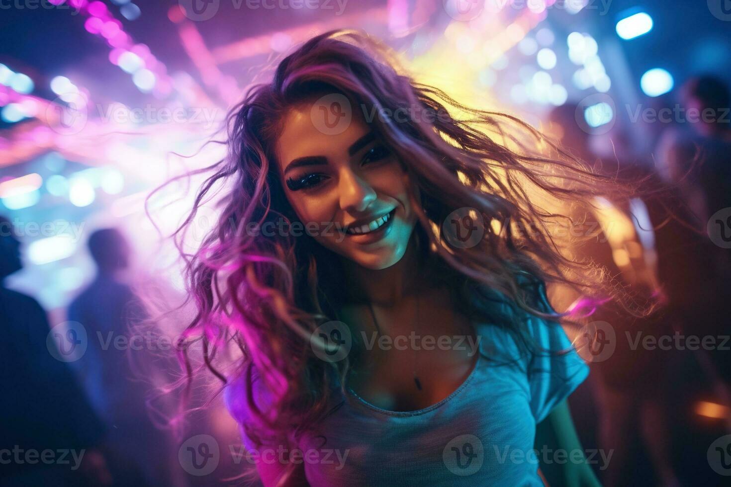 Portrait of young beautiful woman dancing in night club with lights. AI generated photo