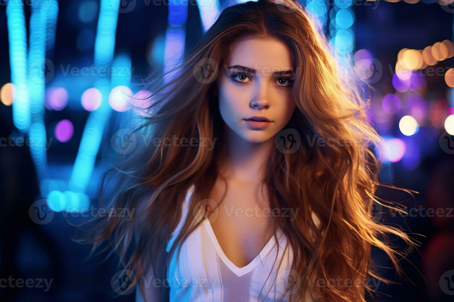Portrait of young beautiful woman dancing in night club with lights. AI generated photo