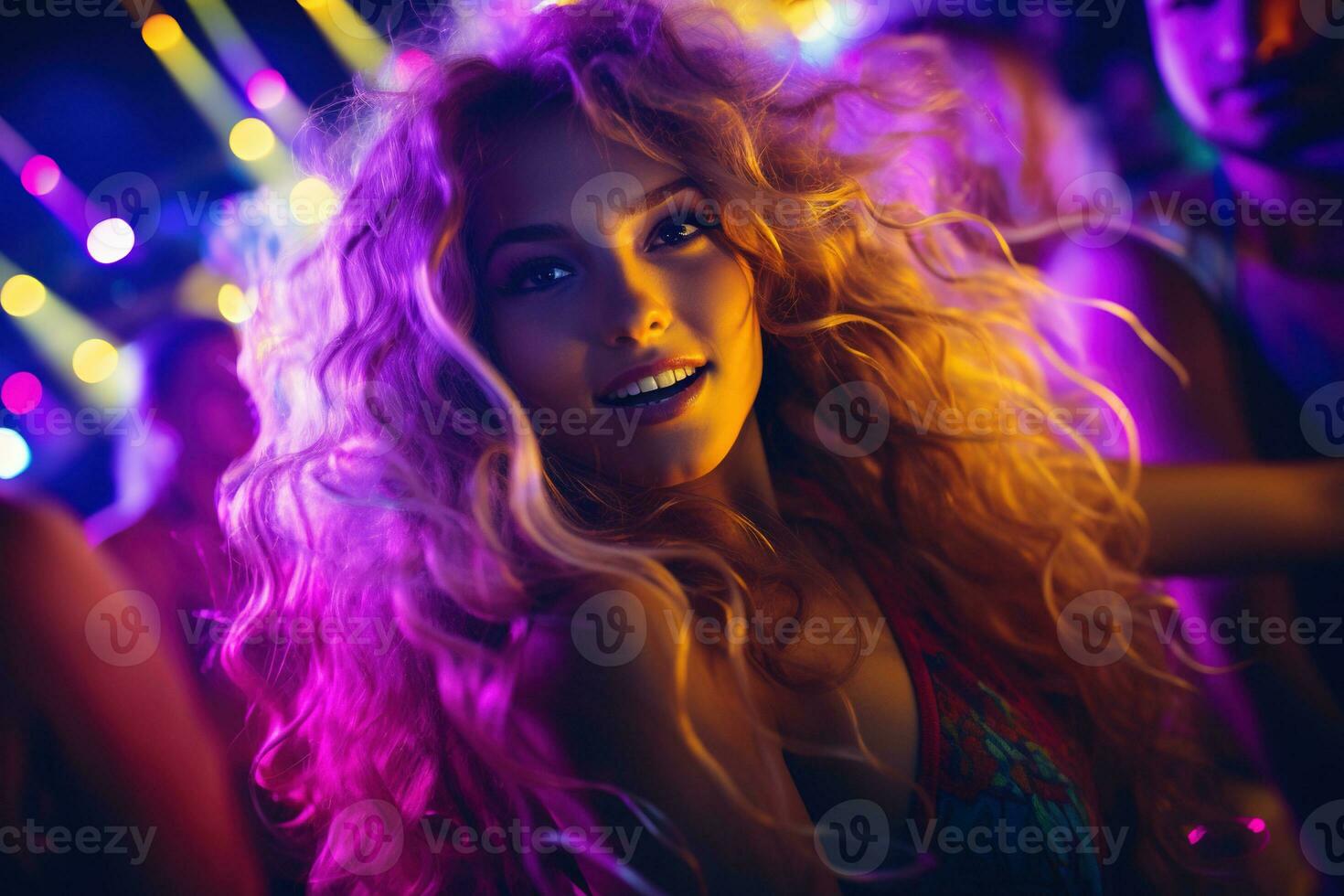 Portrait of young beautiful woman dancing in night club with lights. AI generated photo