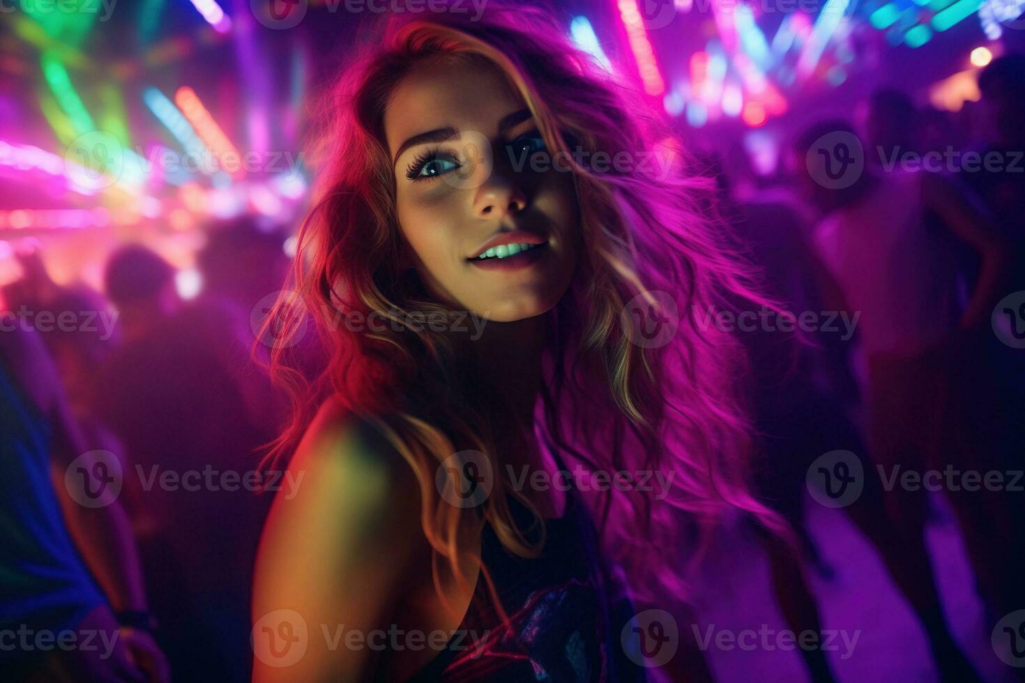 Portrait of young beautiful woman dancing in night club with lights. AI generated photo