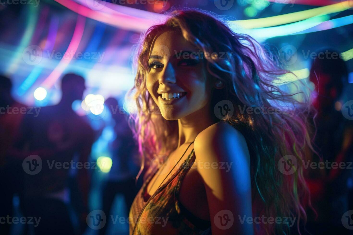 Portrait of young beautiful woman dancing in night club with lights. AI generated photo