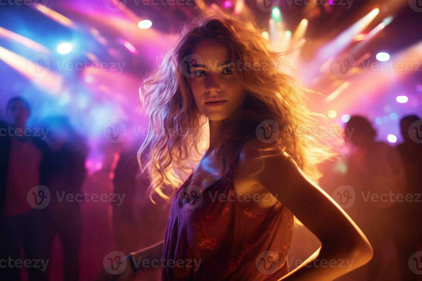 Portrait of young beautiful woman dancing in night club with lights. AI generated photo