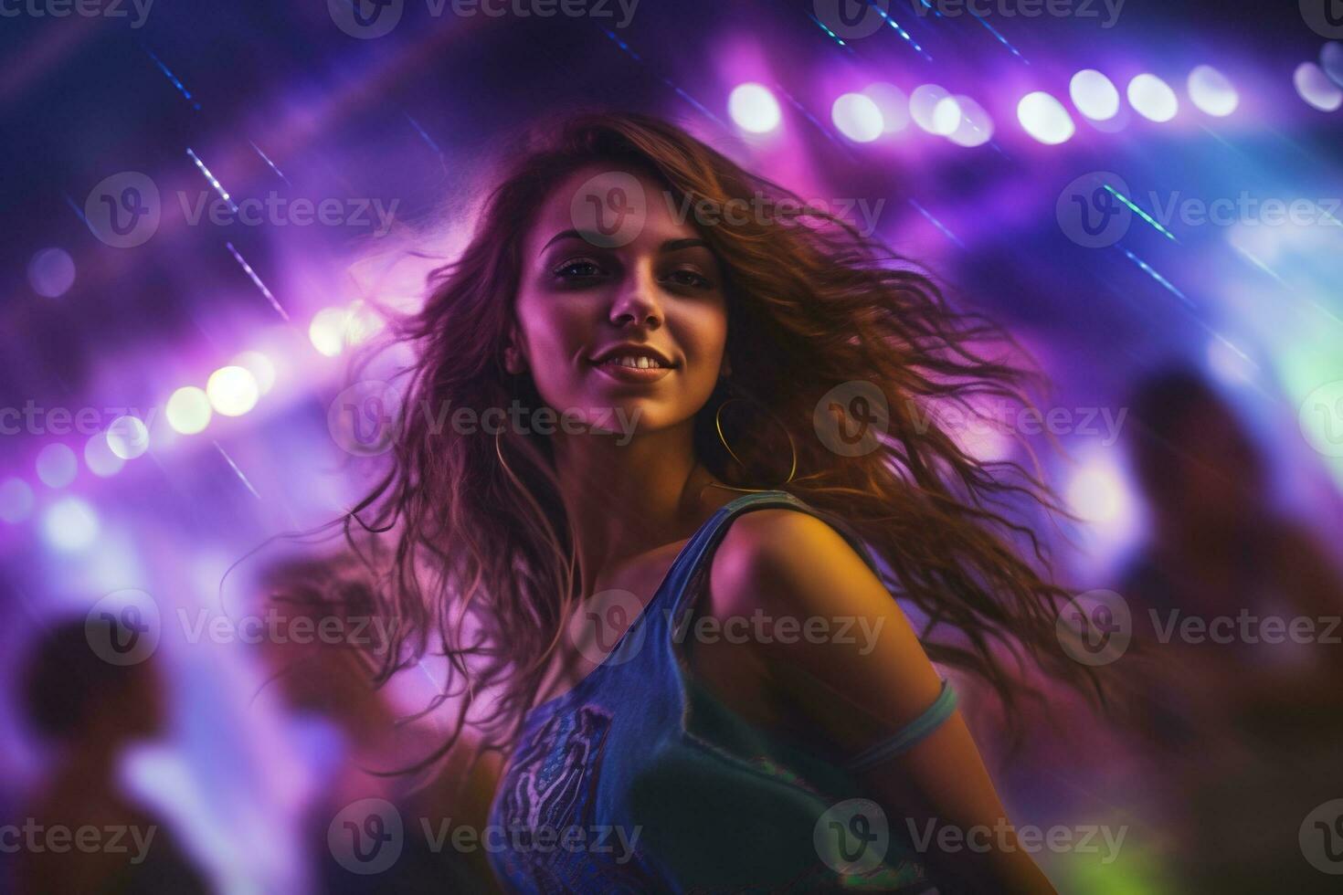 Portrait of young beautiful woman dancing in night club with lights. AI generated photo