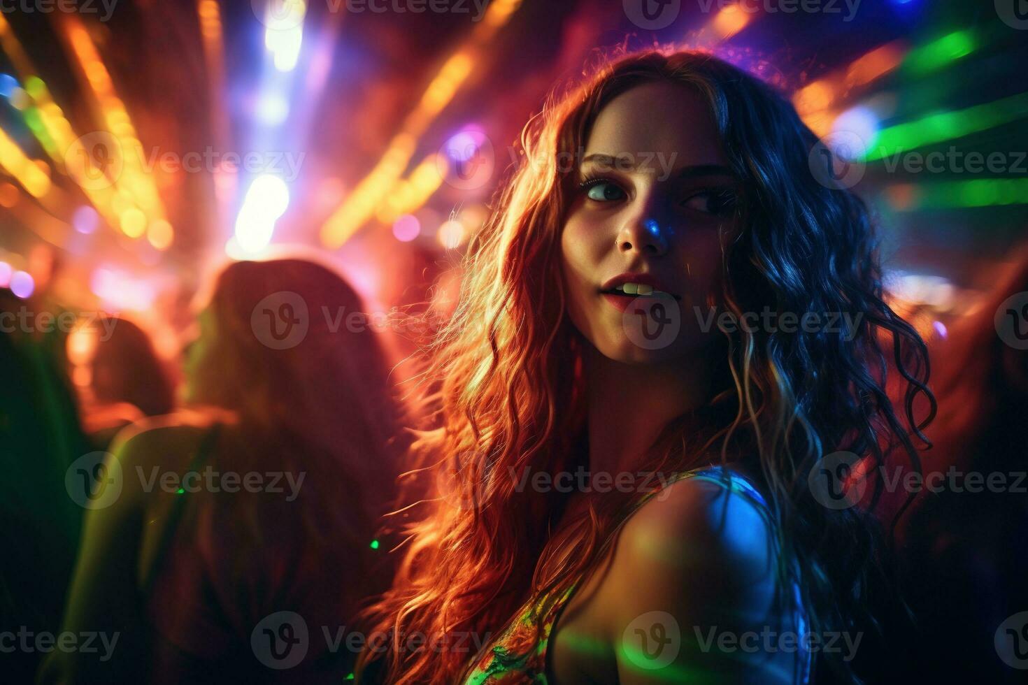 Portrait of young beautiful woman dancing in night club with lights. AI generated photo