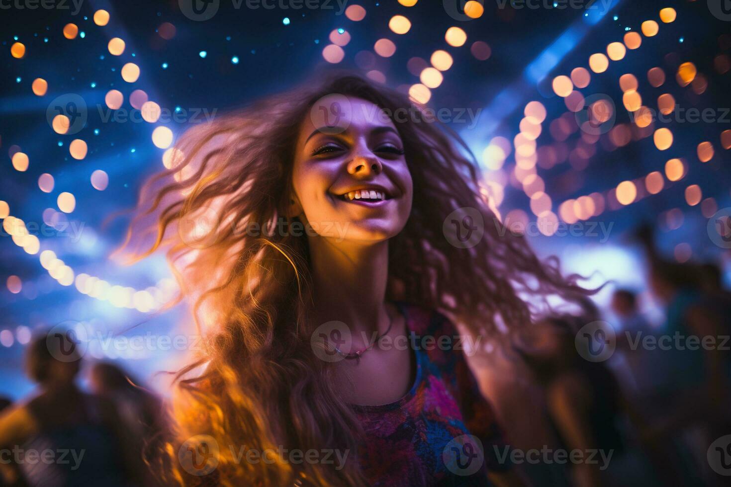 Portrait of young beautiful woman dancing in night club with lights. AI generated photo