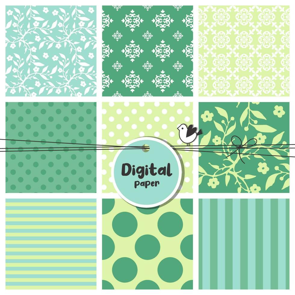 Digital papers, Set of seamless patterns, flowers, dots, stripes, square swatches vector