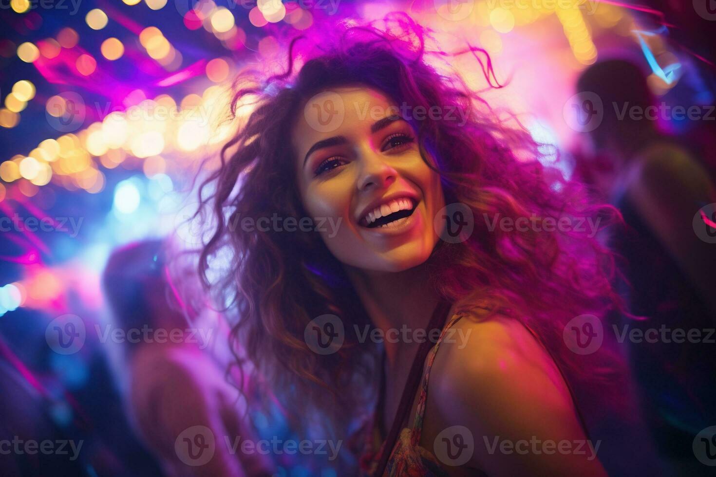 Portrait of young beautiful woman dancing in night club with lights. AI generated photo