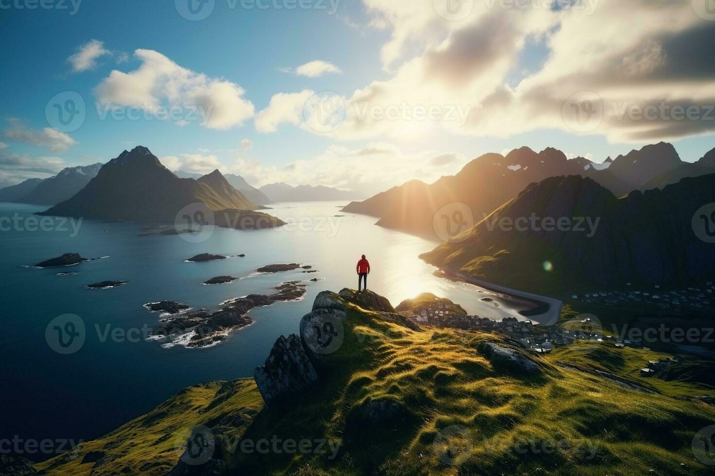 Man standing on the top of a mountain and enjoying the view AI generated photo