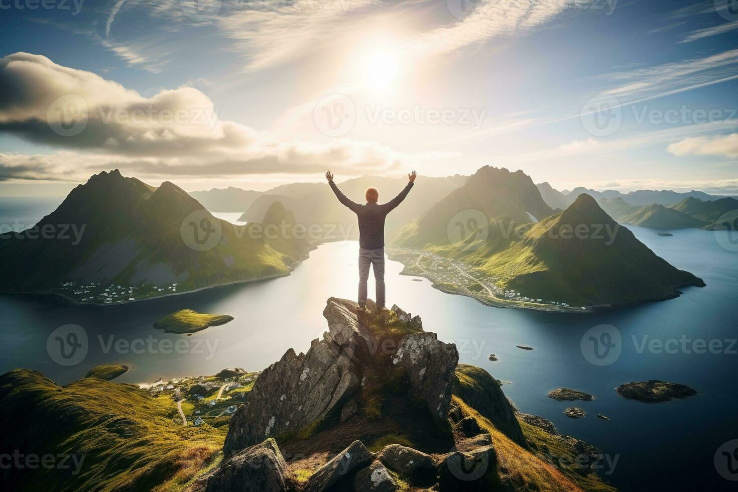 Man standing on the top of a mountain and enjoying the view AI generated photo