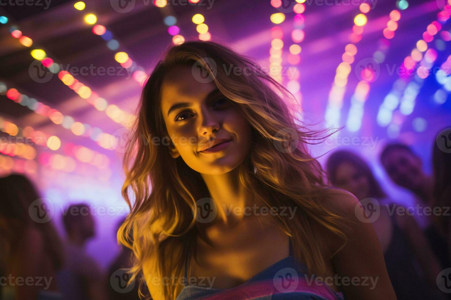 Portrait of young beautiful woman dancing in night club with lights. AI generated photo