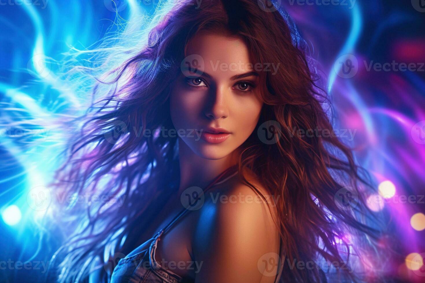 Portrait of young beautiful woman dancing in night club with lights. AI generated photo