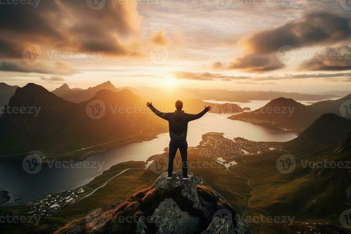 Man standing on the top of a mountain and enjoying the view AI generated photo