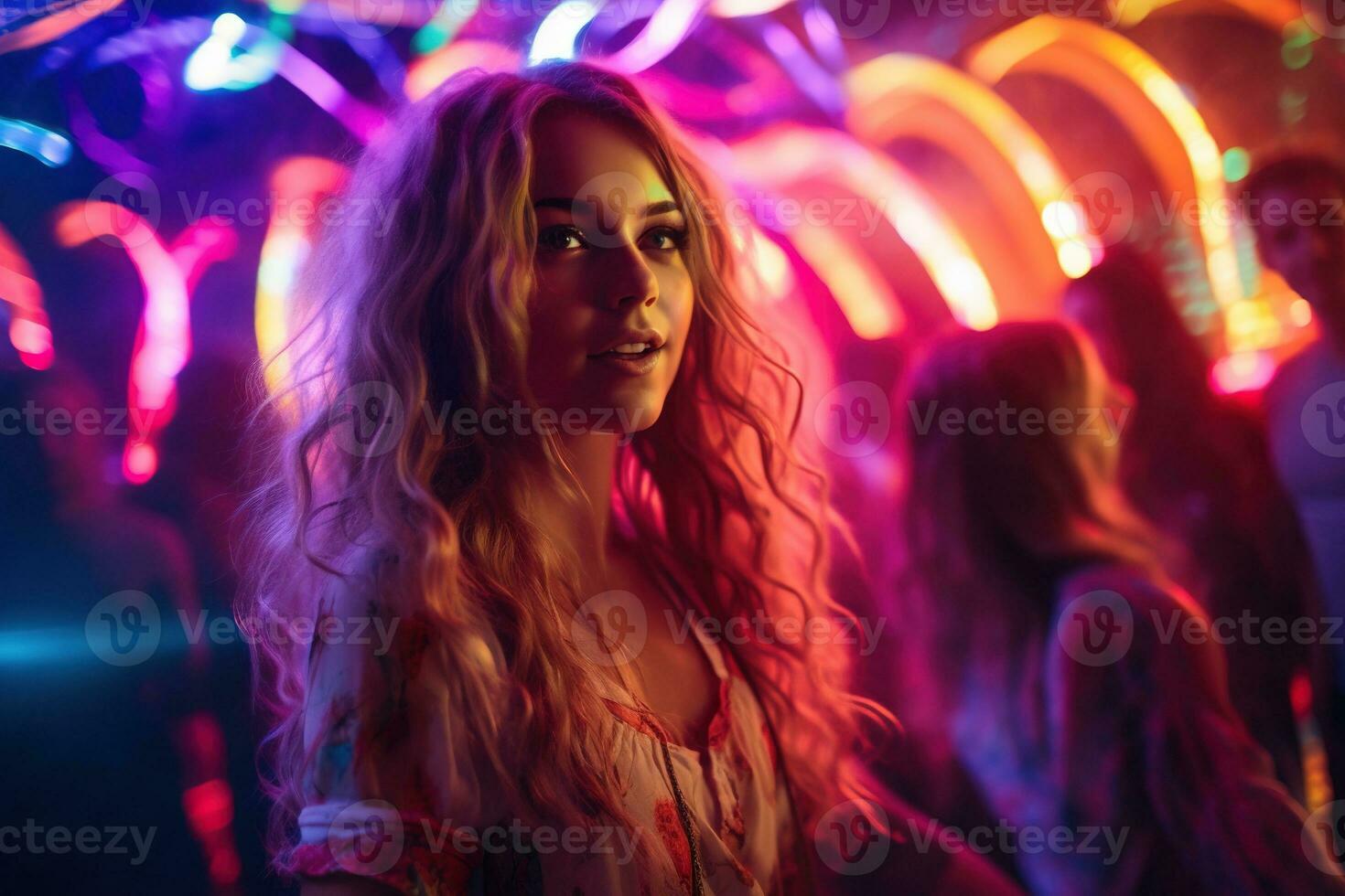 Portrait of young beautiful woman dancing in night club with lights. AI generated photo