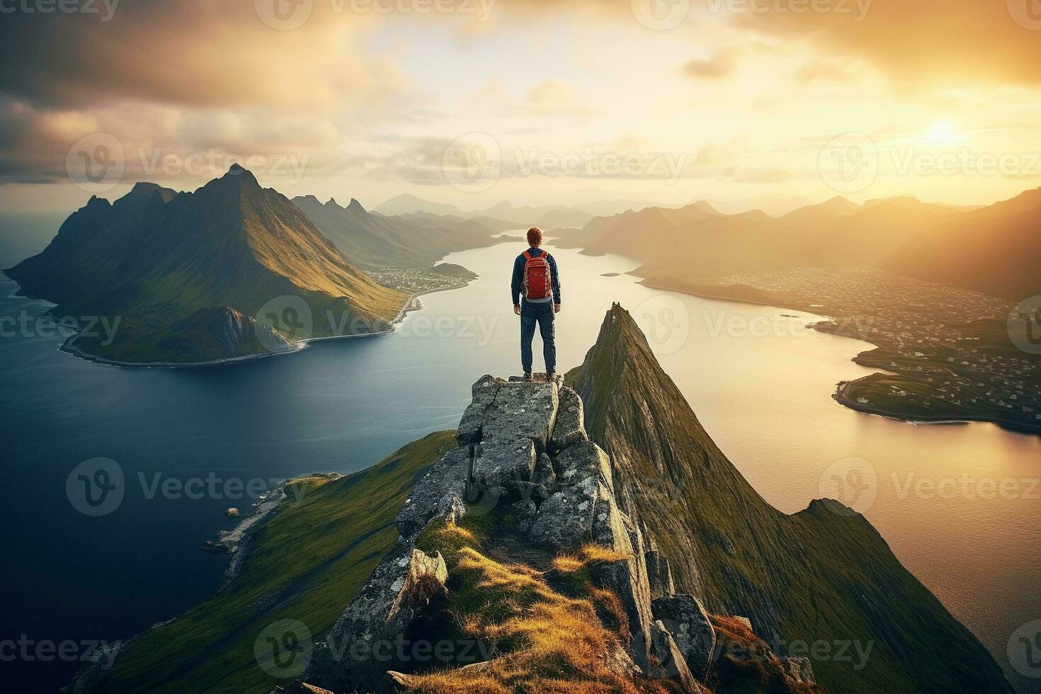 Man standing on the top of a mountain and enjoying the view AI generated photo