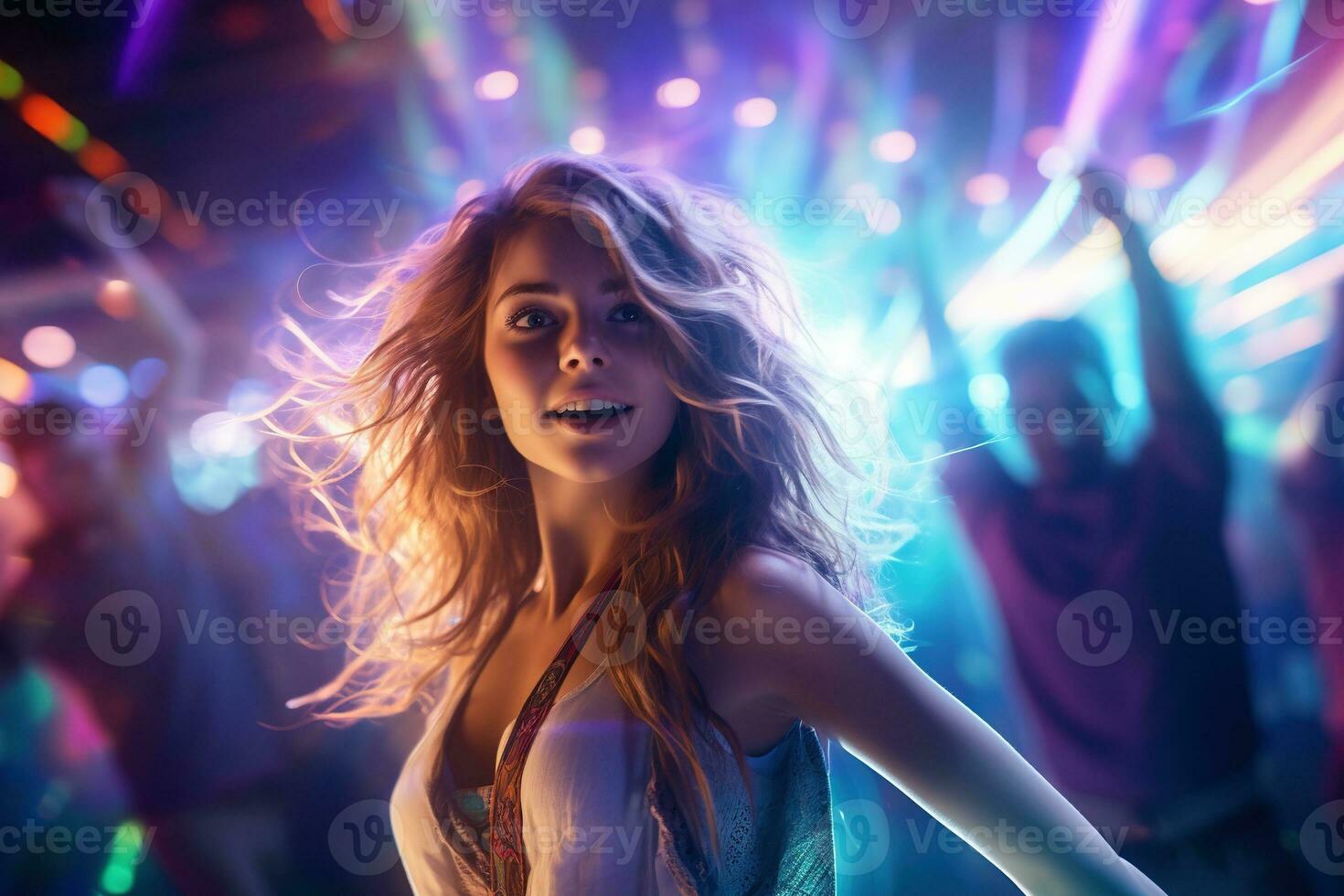 Portrait of young beautiful woman dancing in night club with lights. AI generated photo