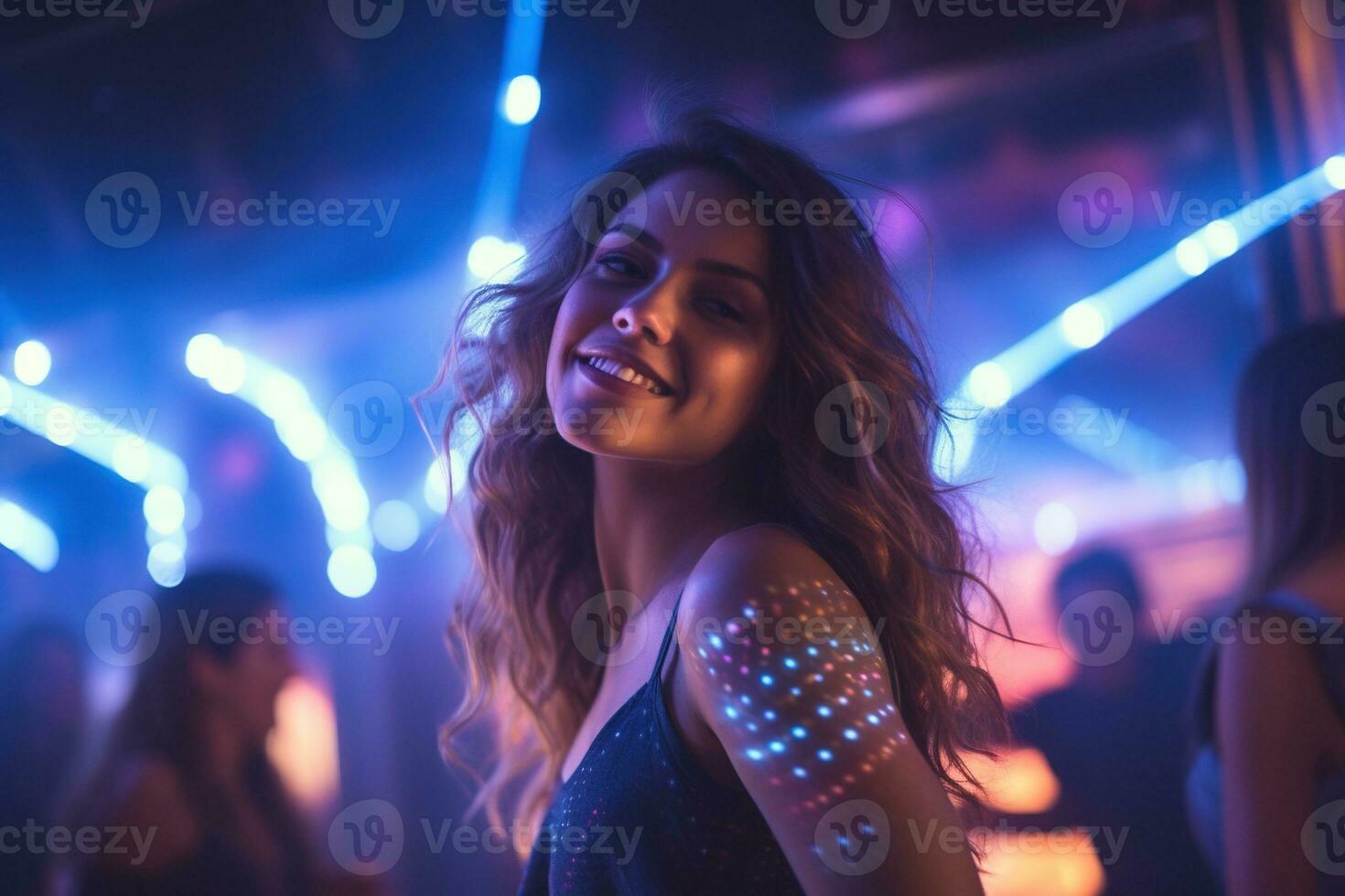 Portrait of young beautiful woman dancing in night club with lights. AI generated photo