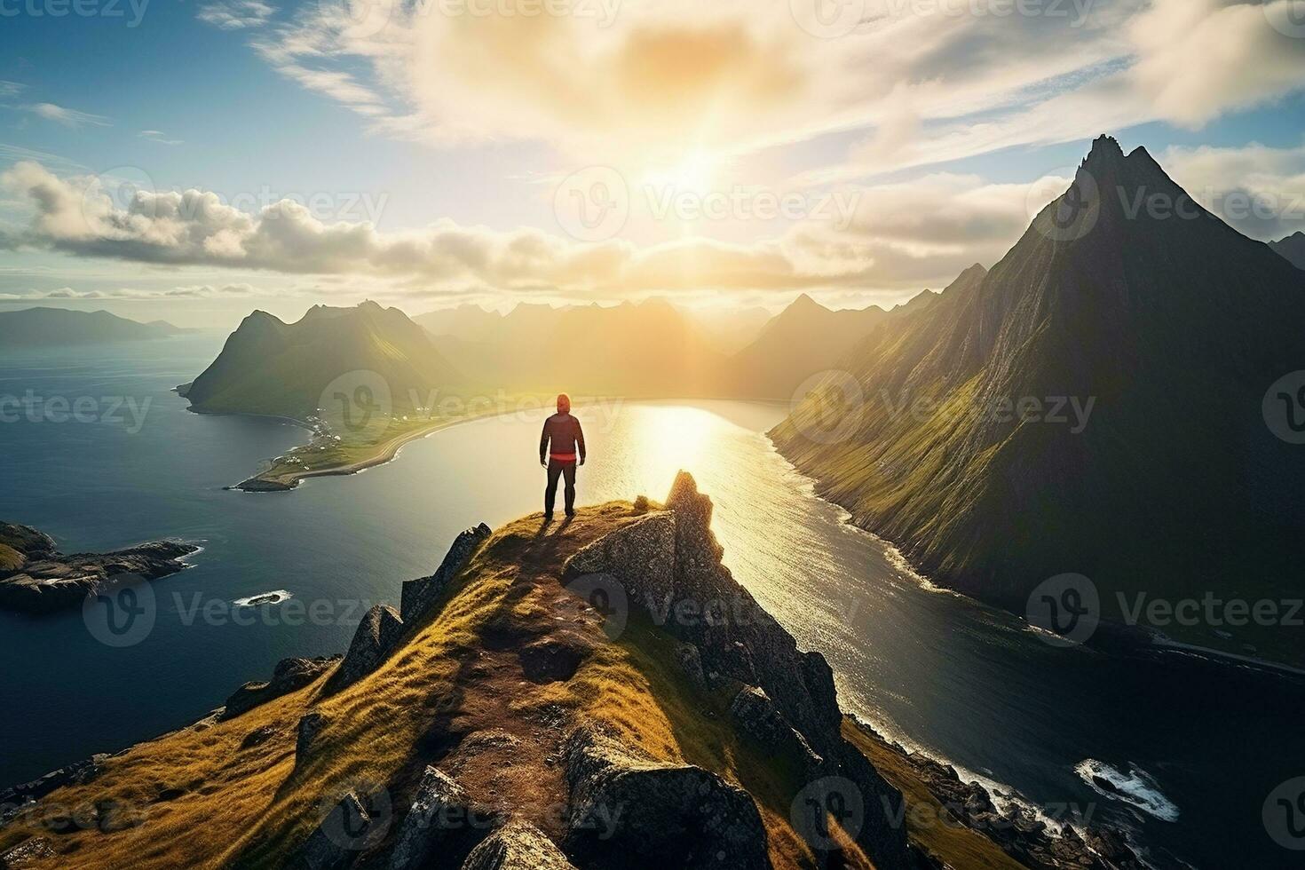 Man standing on the top of a mountain and enjoying the view AI generated photo