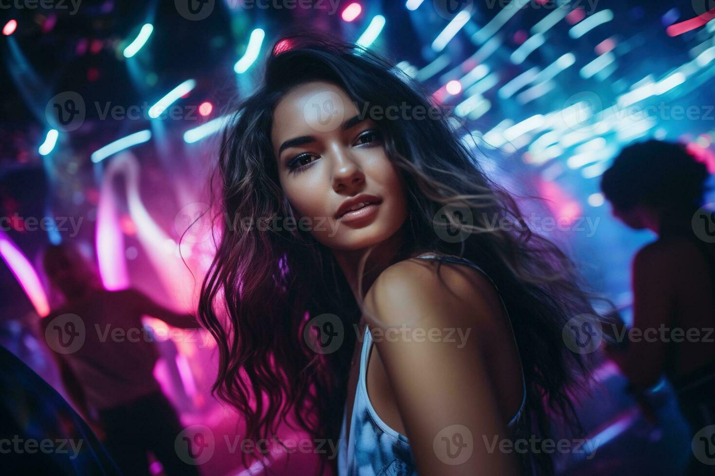 Portrait of young beautiful woman dancing in night club with lights. AI generated photo