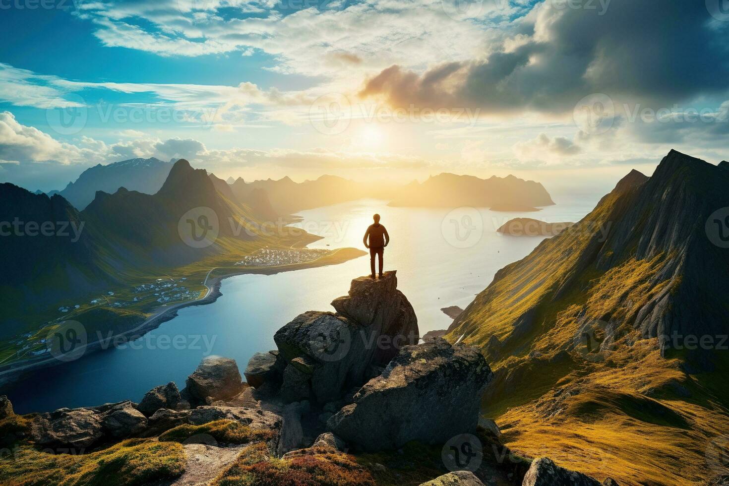 Man standing on the top of a mountain and enjoying the view AI generated photo
