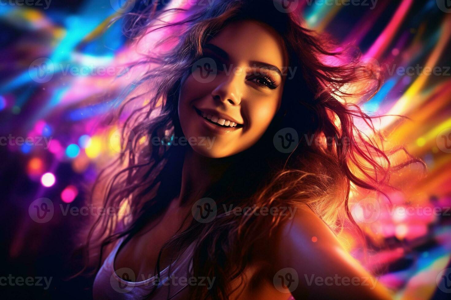 Portrait of young beautiful woman dancing in night club with lights. AI generated photo