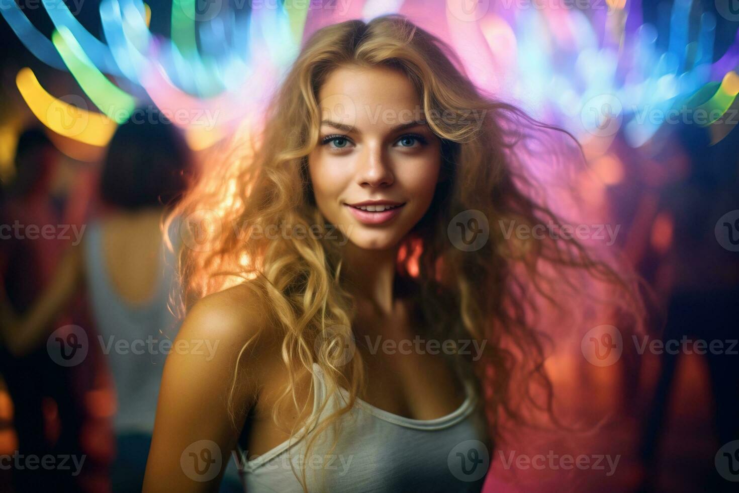 Portrait of young beautiful woman dancing in night club with lights. AI generated photo