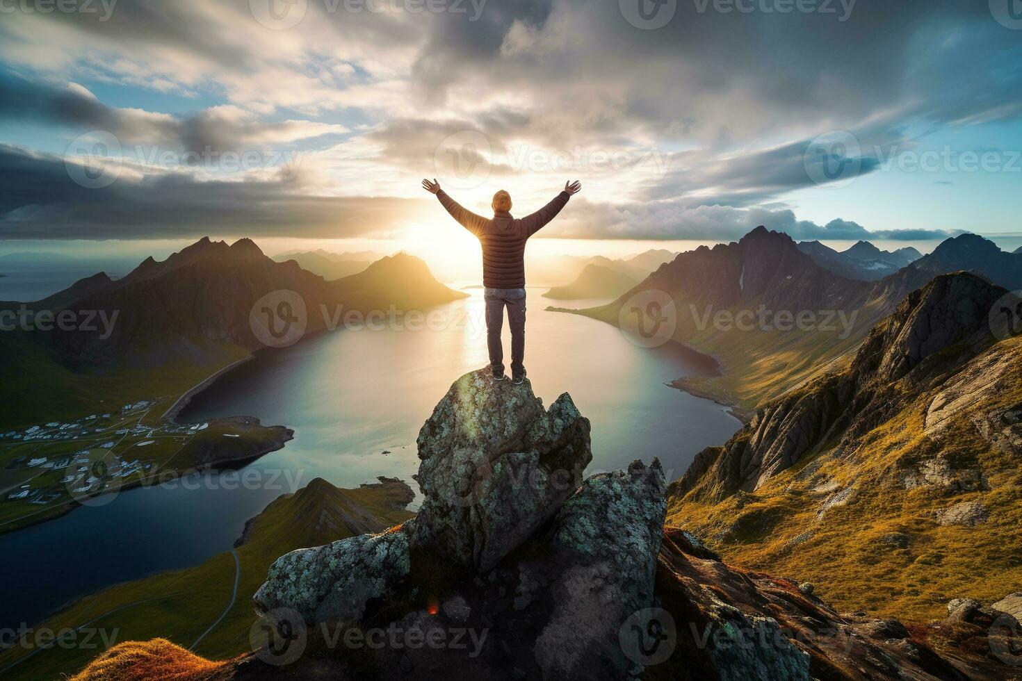 Man standing on the top of a mountain and enjoying the view AI generated photo