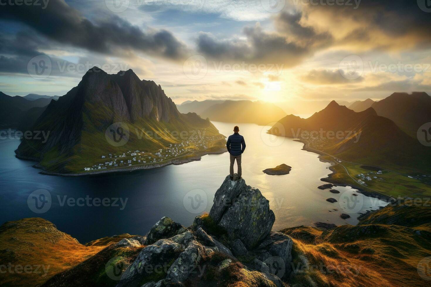 Man standing on the top of a mountain and enjoying the view AI generated photo