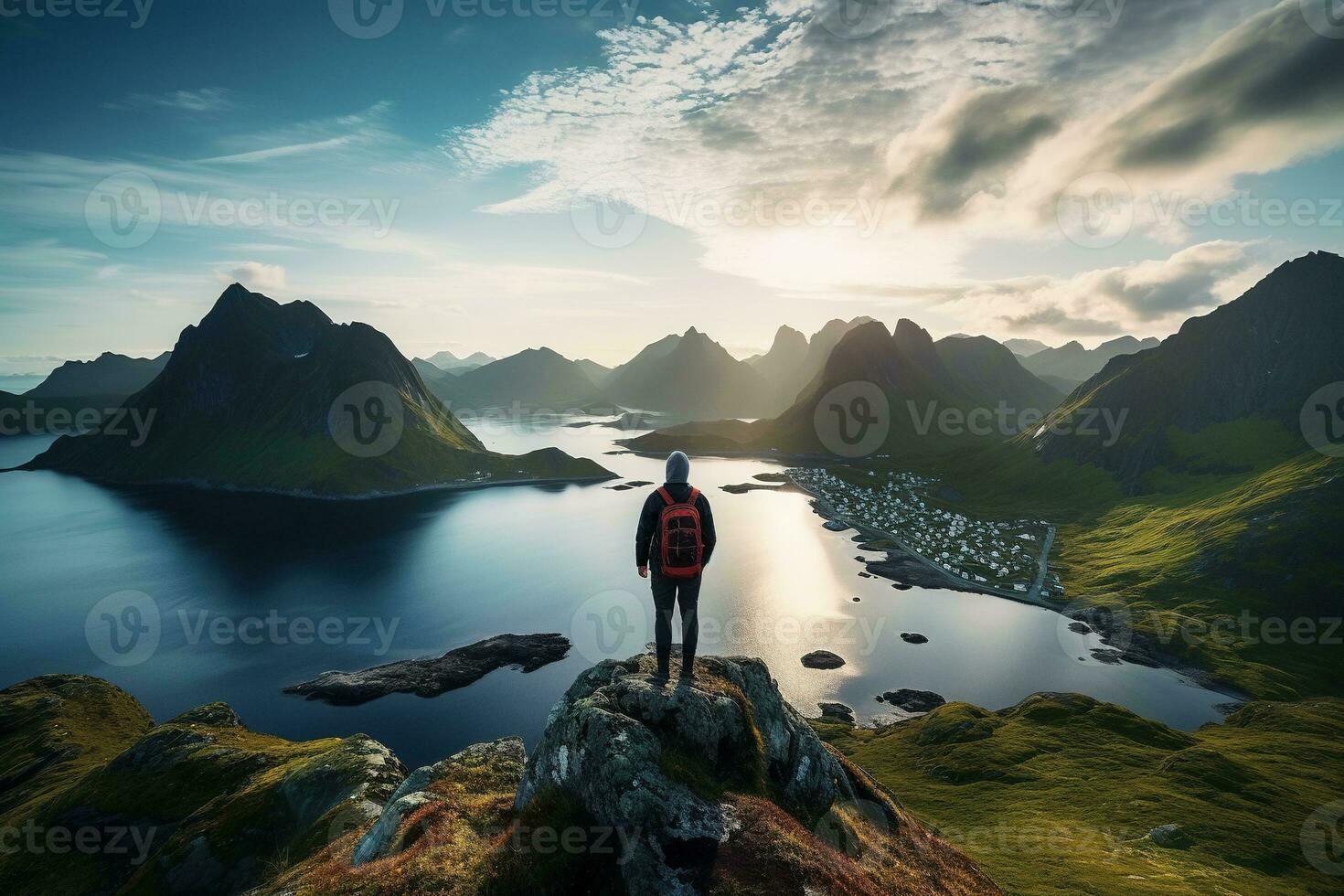 Man standing on the top of a mountain and enjoying the view AI generated photo