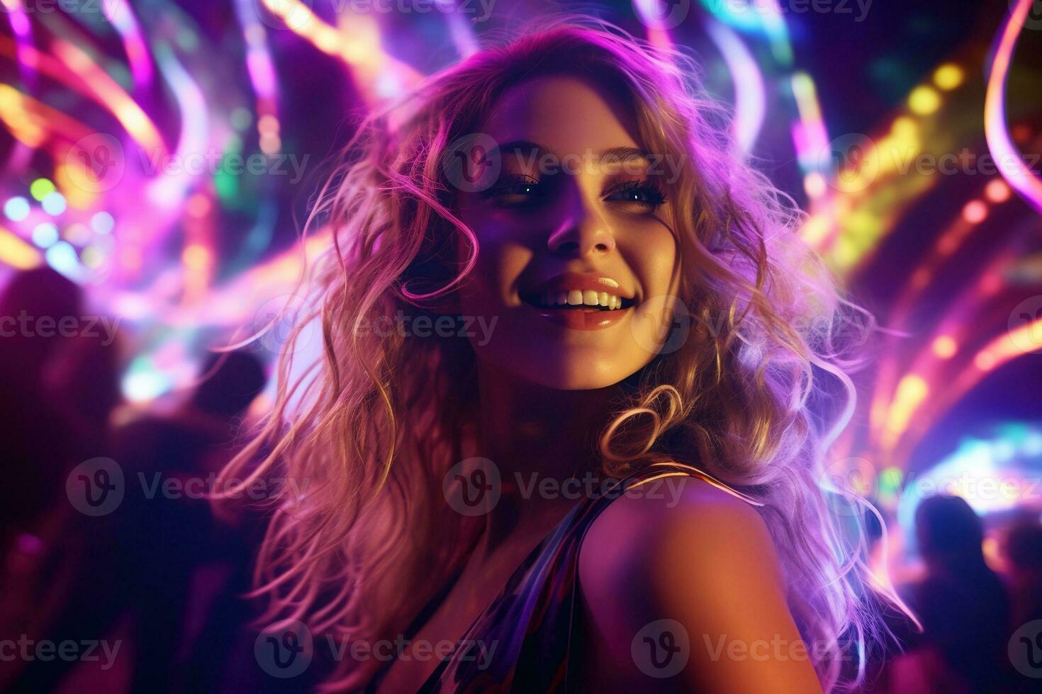 retrato de joven hermosa mujer bailando en noche club con luces. ai generado foto