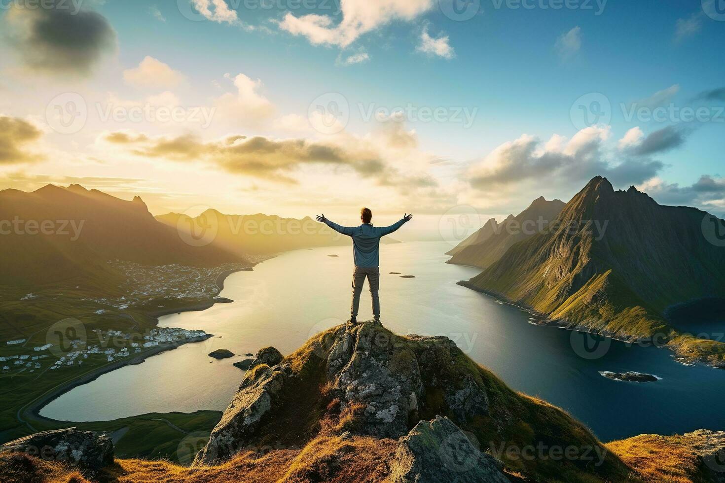 Man standing on the top of a mountain and enjoying the view AI generated photo