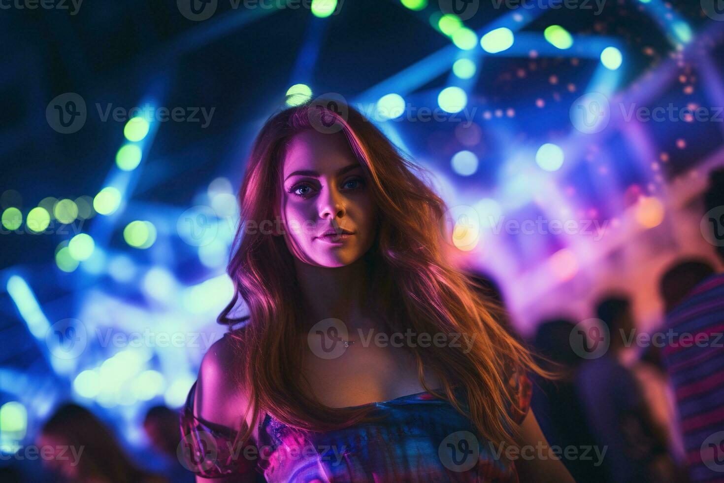 retrato de joven hermosa mujer bailando en noche club con luces. ai generado foto