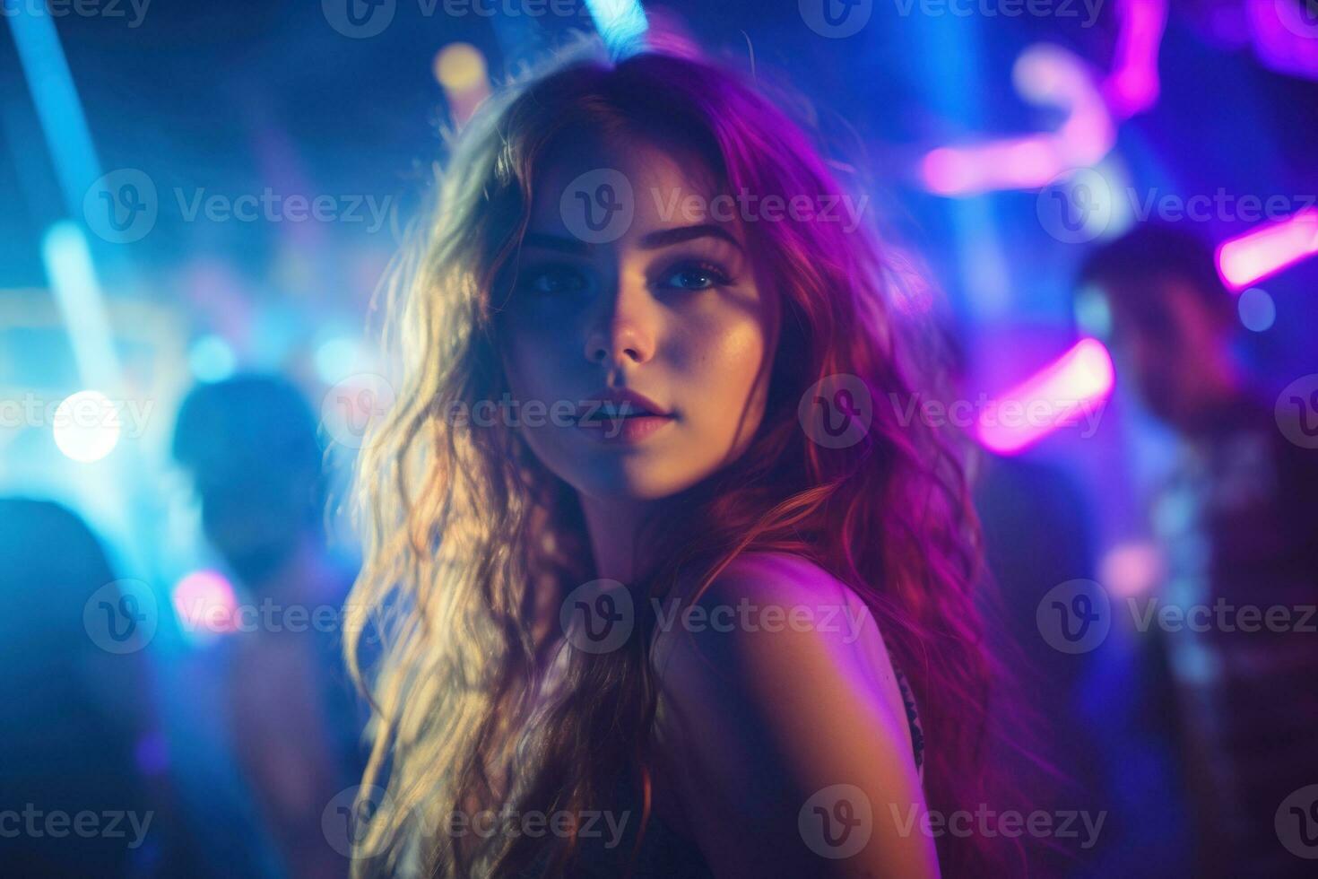 Portrait of young beautiful woman dancing in night club with lights. AI generated photo