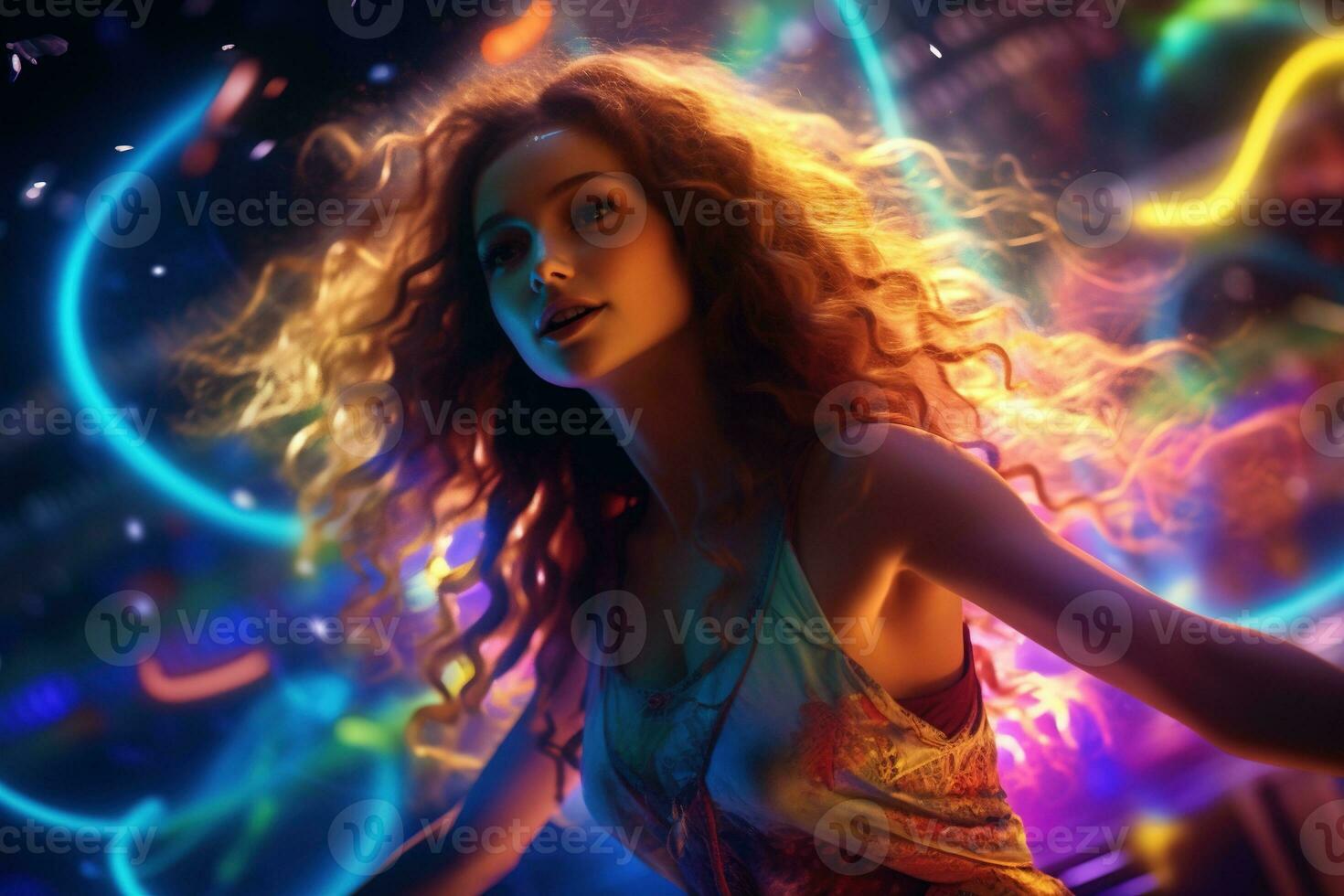 Portrait of young beautiful woman dancing in night club with lights. AI generated photo