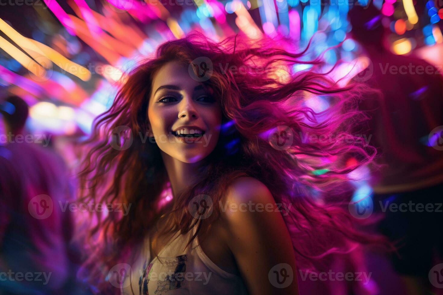 Portrait of young beautiful woman dancing in night club with lights. AI generated photo